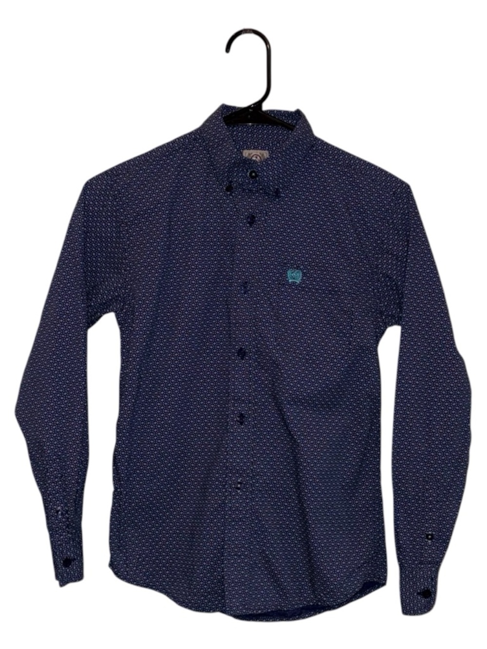 Cinch Boys Medium Navy Teal Geometric Print Western Button Down Shirt Youth Long